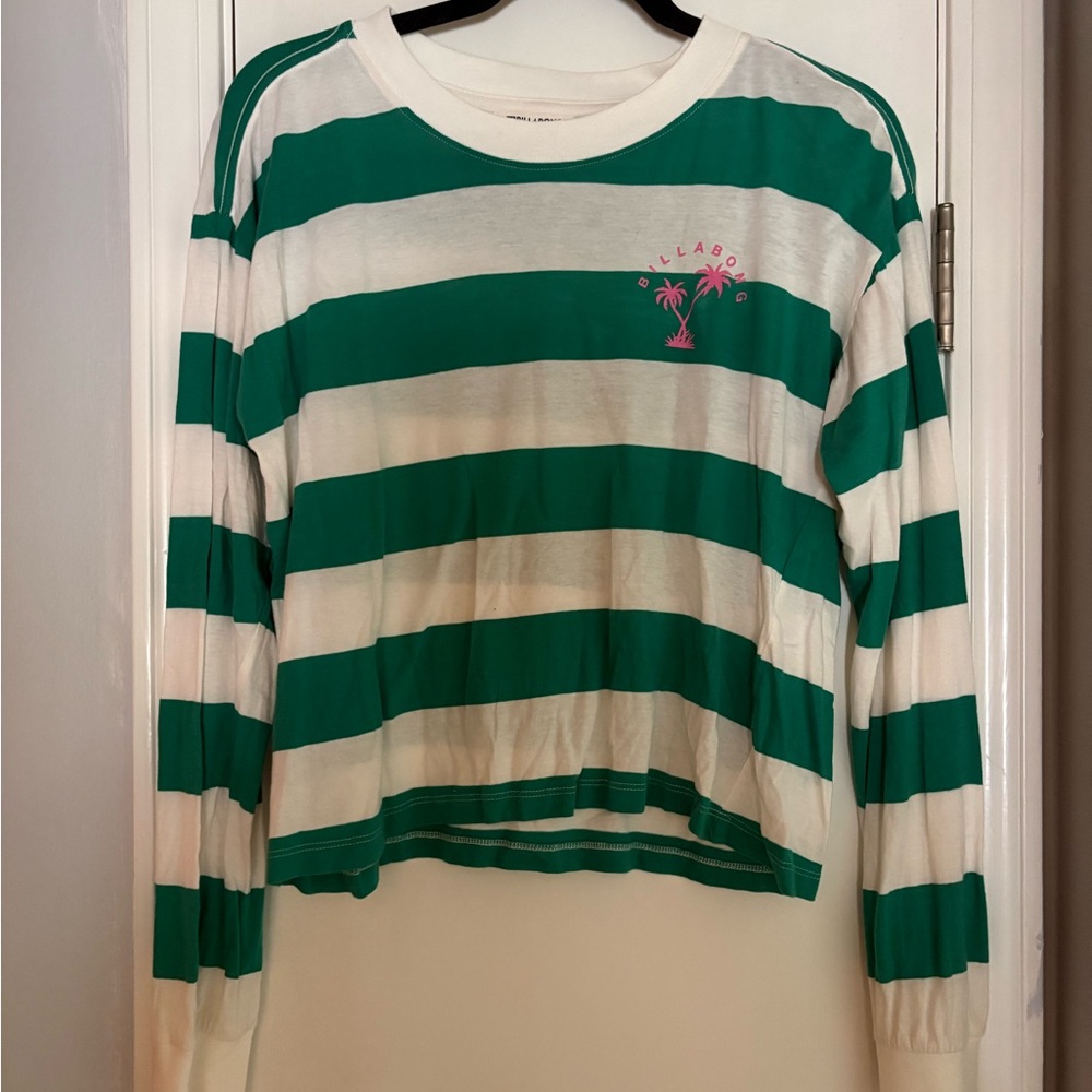Billabong Green and White Striped Long Sleeve